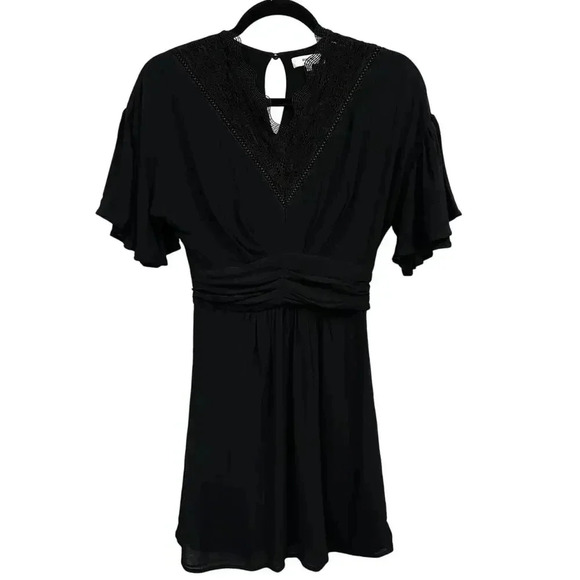 Suncoo Black Lace‎ V-Neck Wrap Flowy Viscose Mini Dress Robe Cindy T1 (S) - Picture 1 of 12